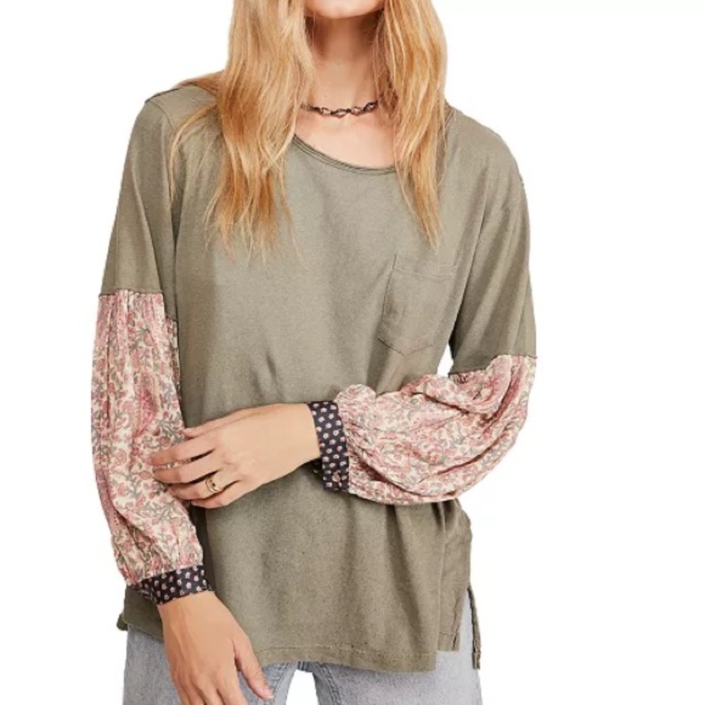 We The Free Olive Top with Floral Pink Sleeves